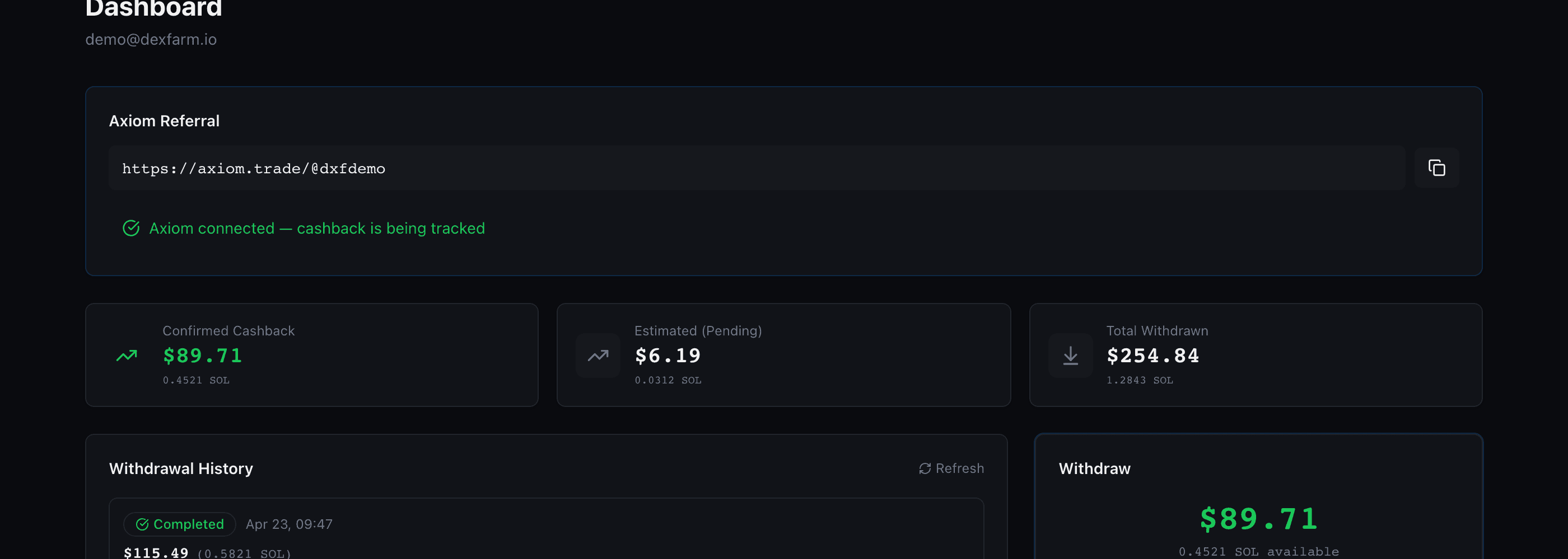 Dashboard showing accumulating cashback balance