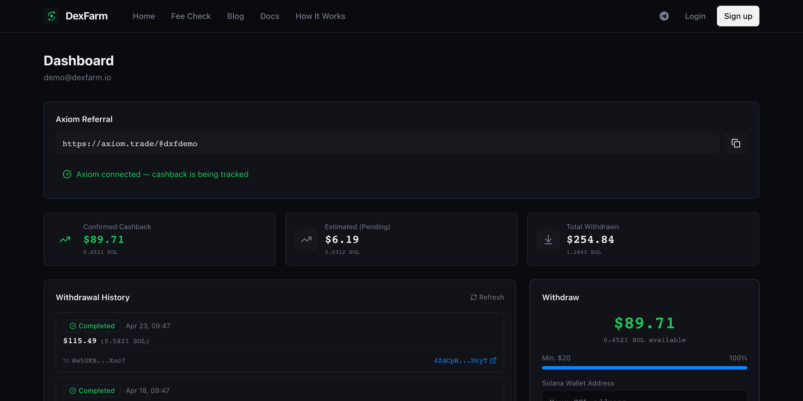 DexFarm dashboard showing the Axiom referral link