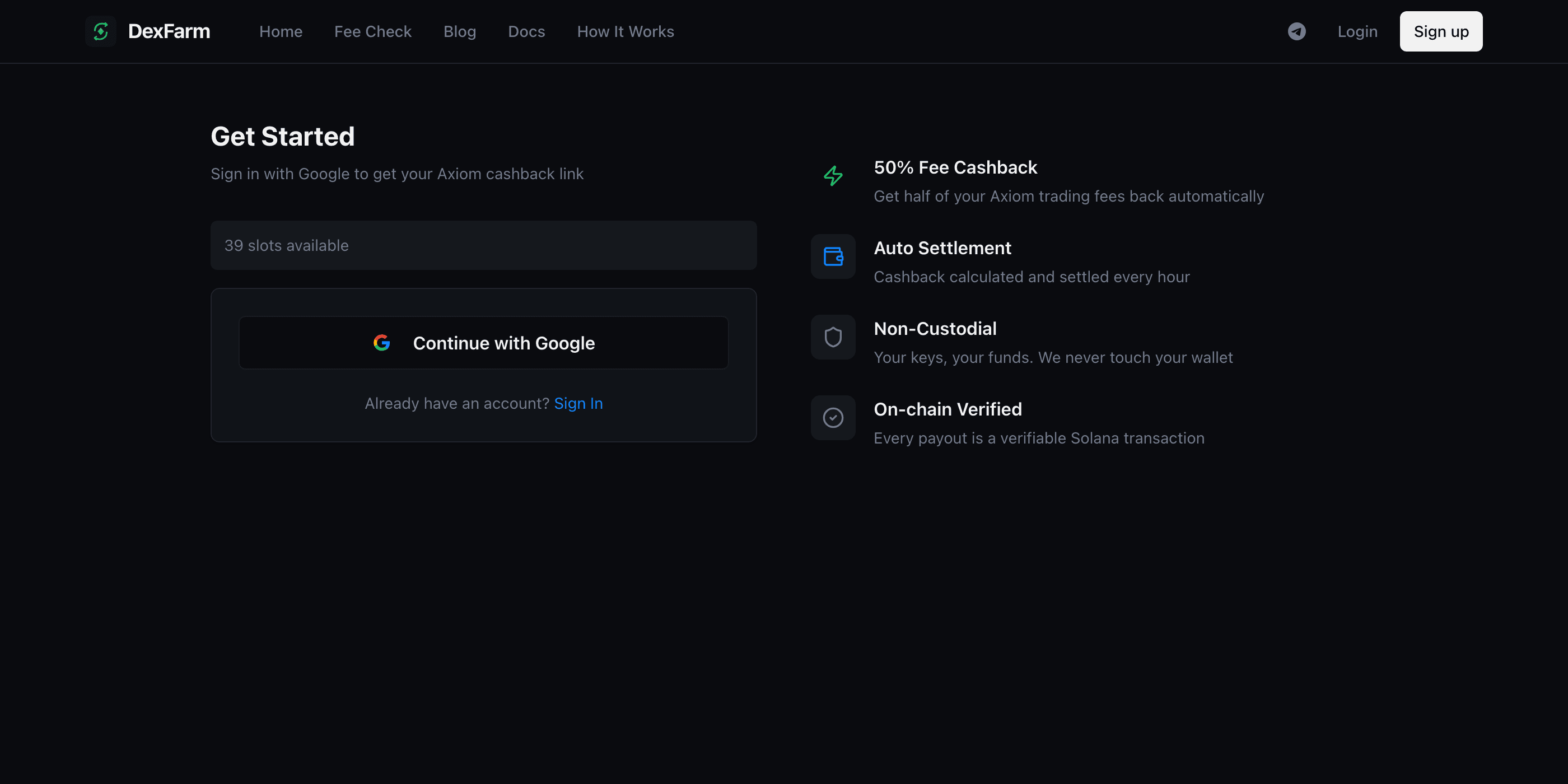 DexFarm sign-up page